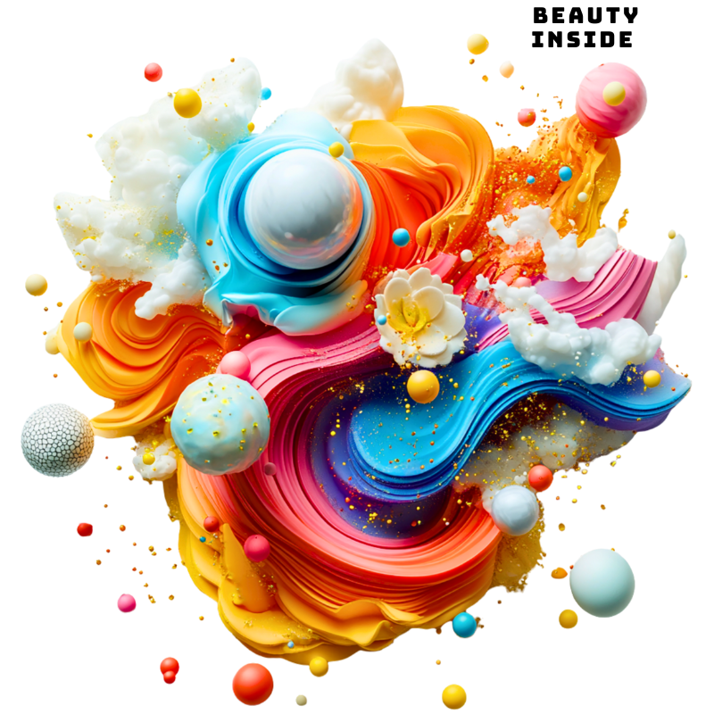 Vibrant abstract swirl of multi-colored waves and spheres, with the words "Beauty Inside" in the corner.