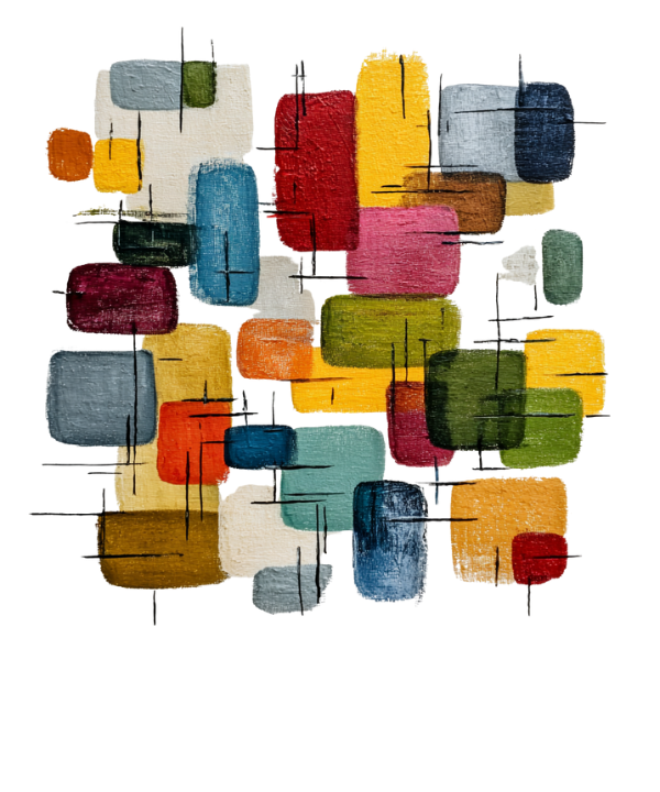 Abstract painting of overlapping block shapes in multiple colors, intersected by thin black lines.