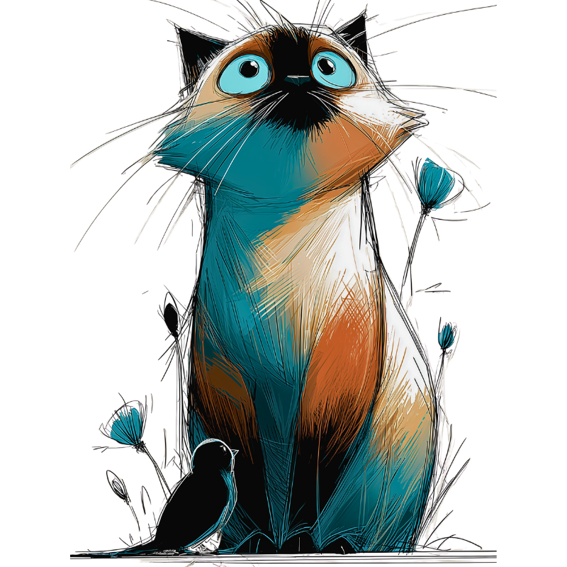 Artistic sketch of a wide-eyed cat sitting among blue flowers, with a small bird next to it.