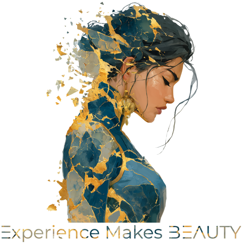 Fragmented abstract portrait of a woman in blue and gold tones, with text "Experience Makes BEAUTY" below.
