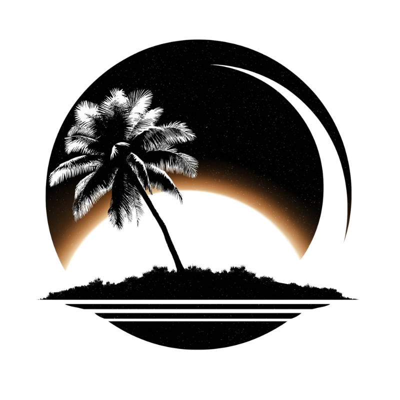 Vector illustration of a bent palm tree on a small tropical island, silhouetted against a circular background representing a stylized sunset with a gradient of black, orange, and white. The graphic features high-contrast elements evoking a serene, exotic night atmosphere.