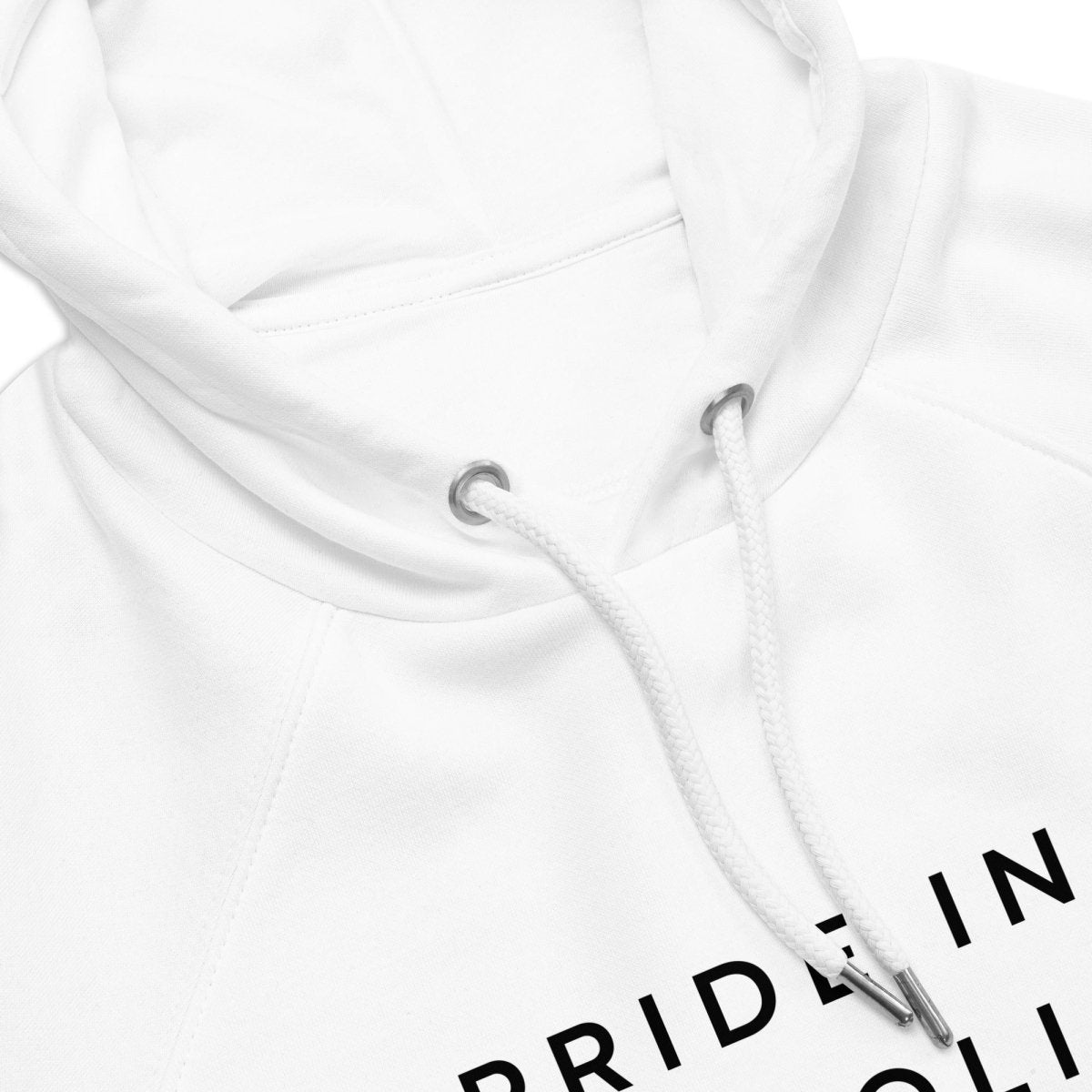 Close up view of white organic fleece hoodie for MedTech engineers.