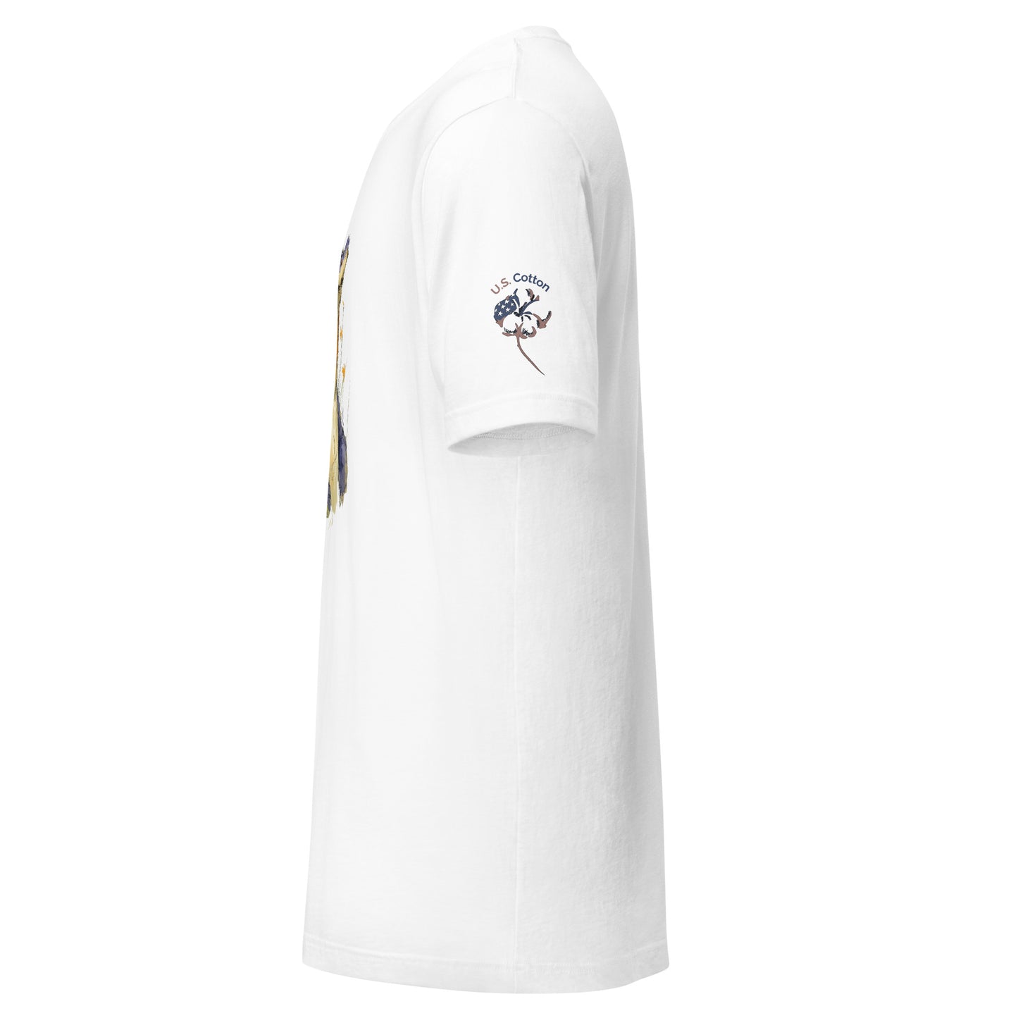 Product mockup. White T-shirt left side view, displaying "U.S. Cotton" cotton boll logo on right sleeve and part of a light-colored print.