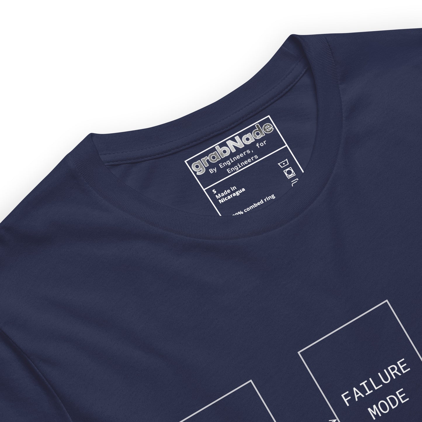 Closeup black premium tee with white flowchart "FAILURE MODE" design for problem solvers.