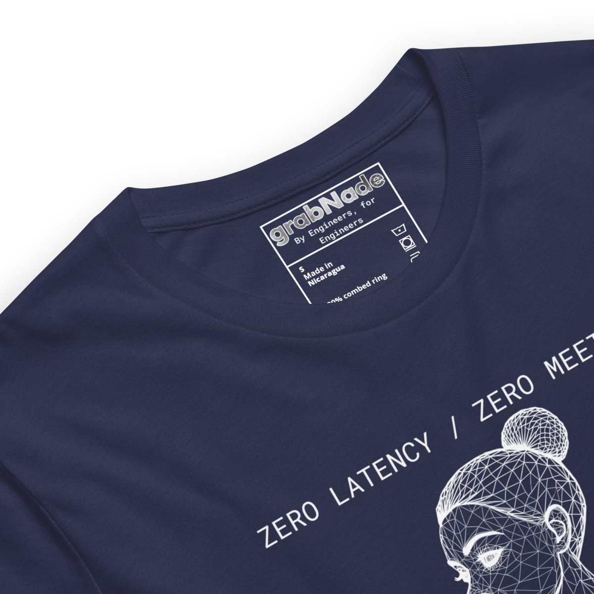 Close up of navy tee with Female wireframe head "Zero Latency Zero Meetings"