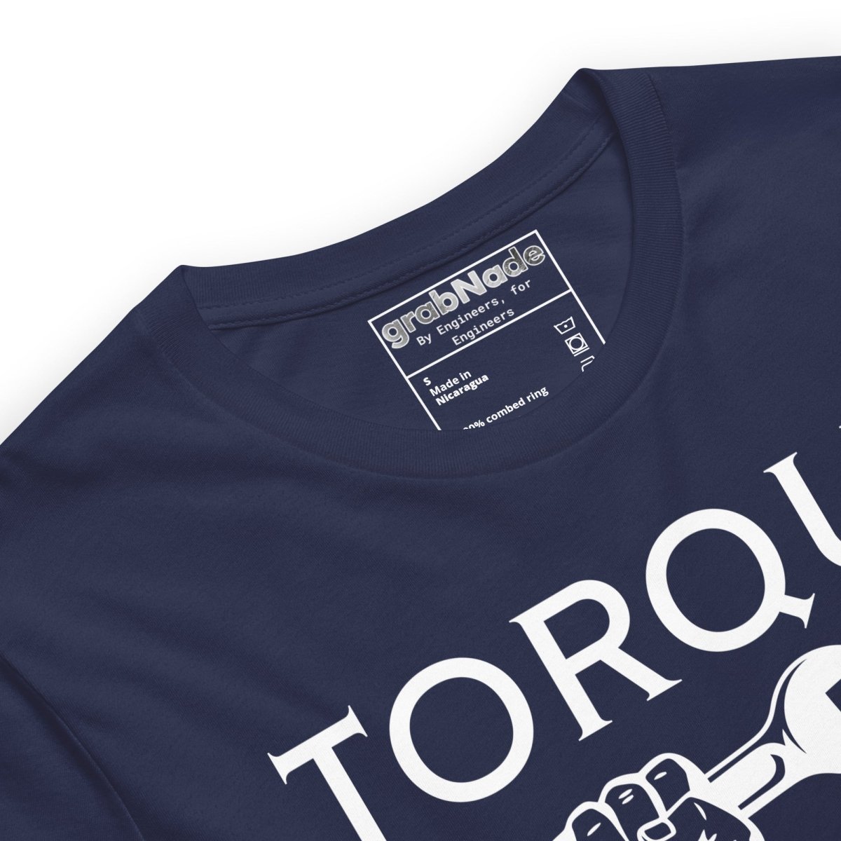 Close up of navy t-shirt "TORQUE IT UP" with small screw overtighten vs big bolt undertighten warning.