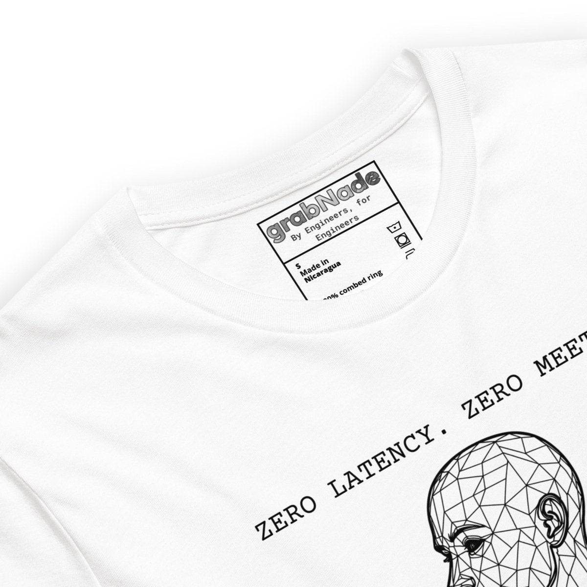 Close up of white tee “Zero Latency Zero Meetings” with wireframe head and neural diagnostics text