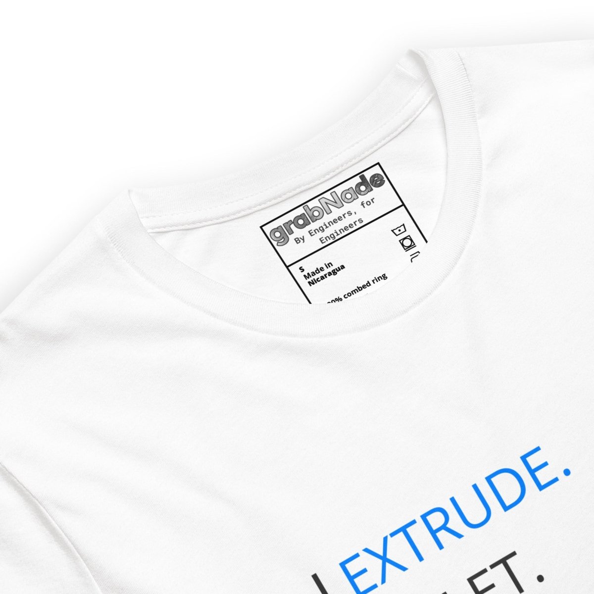 Close up of white t-shirt with "Extrude Fillet Assemble Crash" CAD workflow graphic.