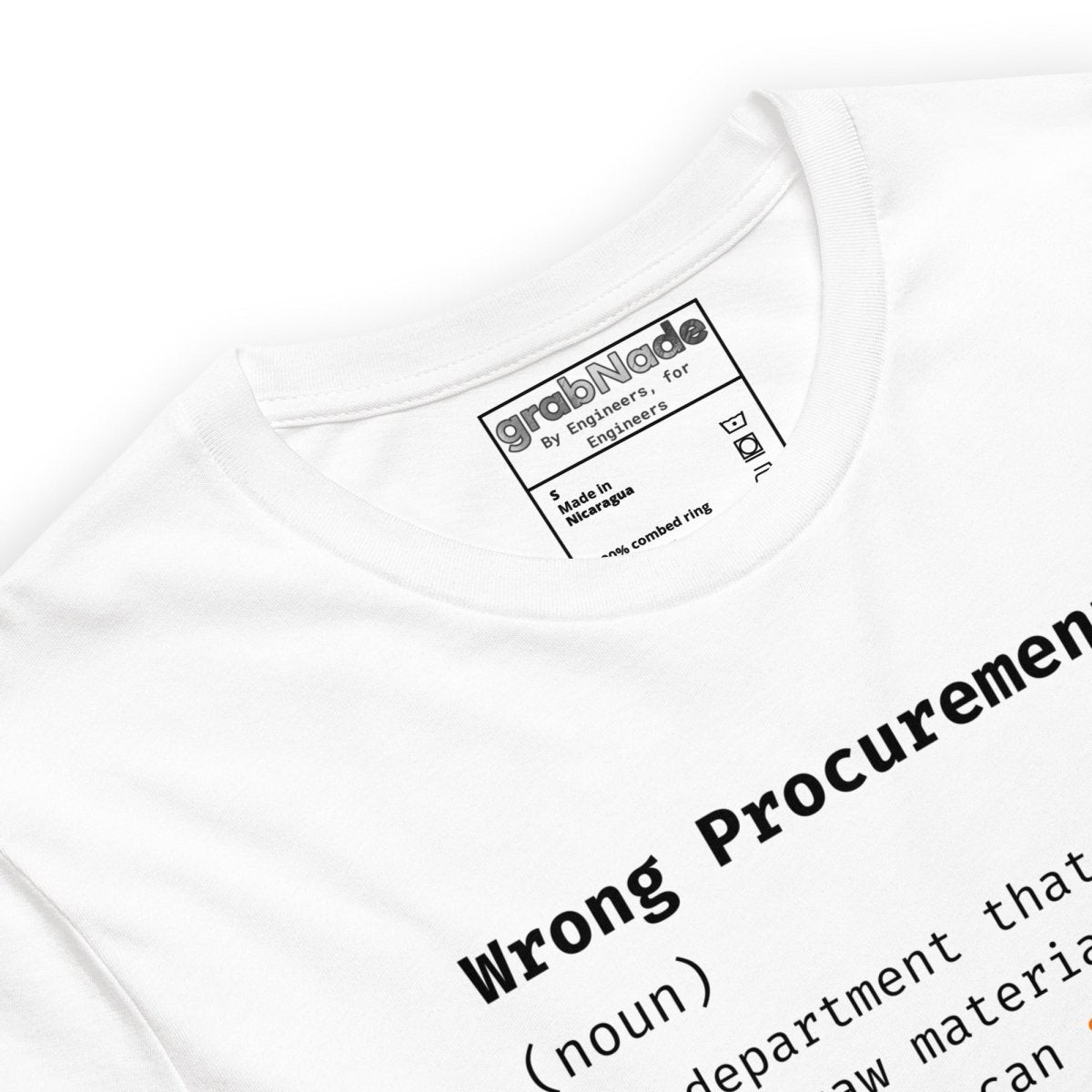 Close up of black t-shirt featuring "Wrong Procurement saves 10% so Engineering spends 500% more" text.p