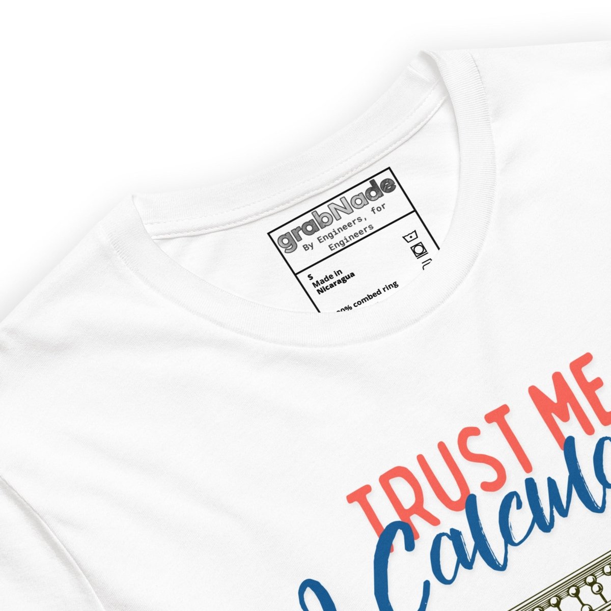 Close up of white t-shirt "Trust Me I calculated" with technical abacus line-art graphic.