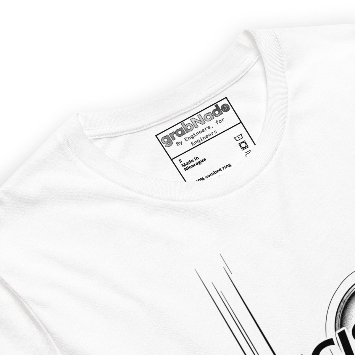 Close up of white t-shirt "PRECISION OVER SPEED" with dynamic machining spindle circle graphic.