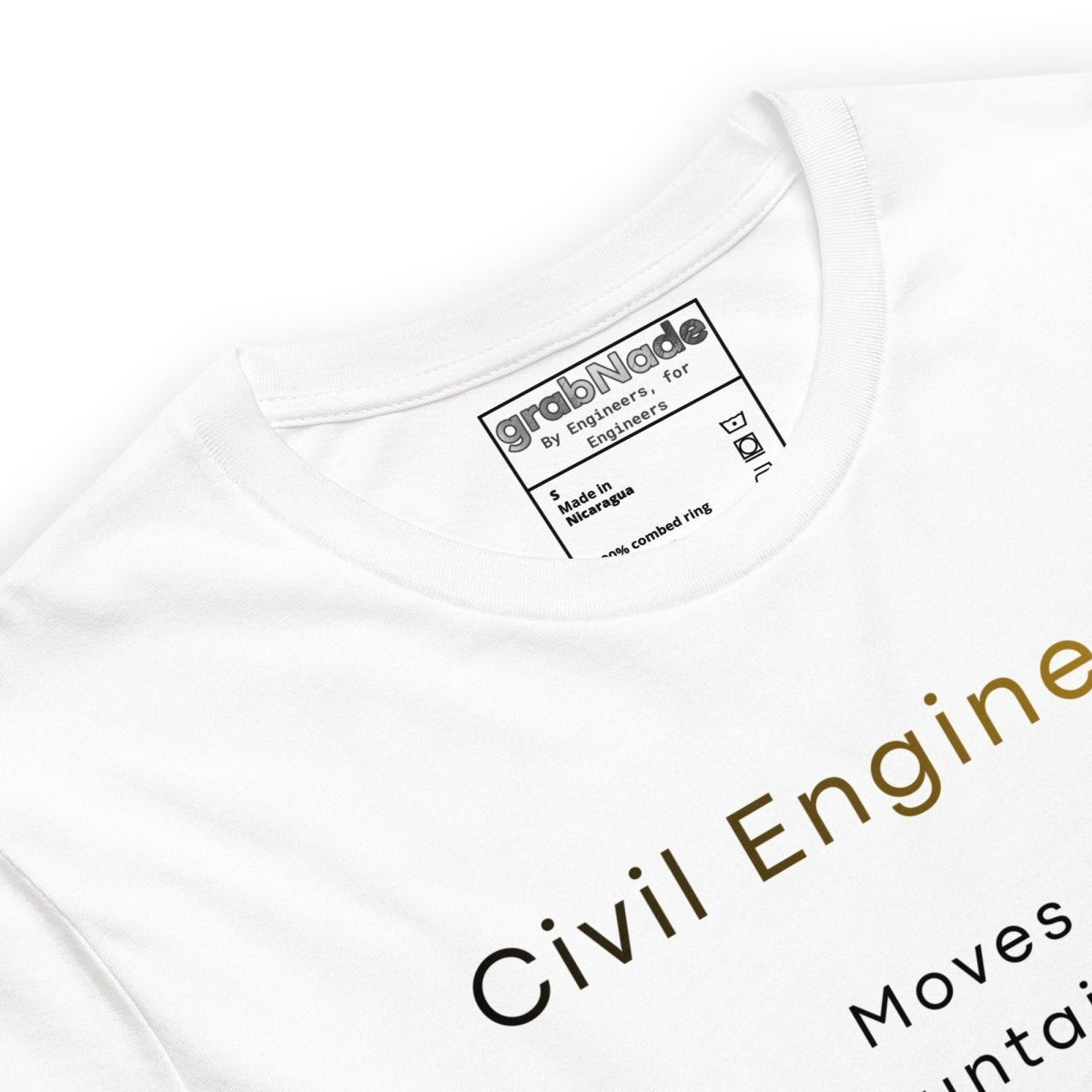 Close up of white t-shirt with "Civil Engineer. Moves mountains" definition and a technical crane graphic.