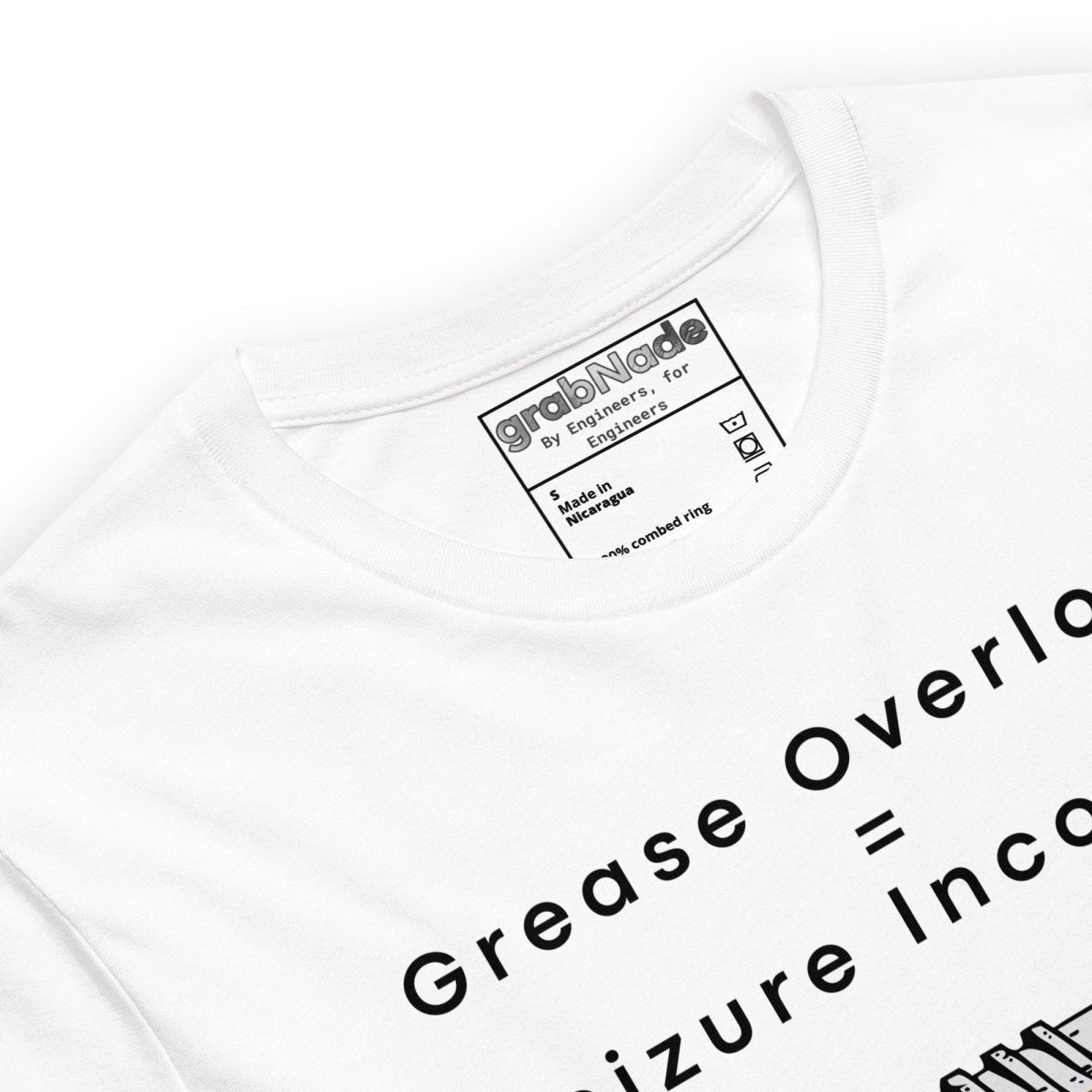 Close up of white t-shirt featuring a greased gear graphic and "Grease Overload" text for mechanics.