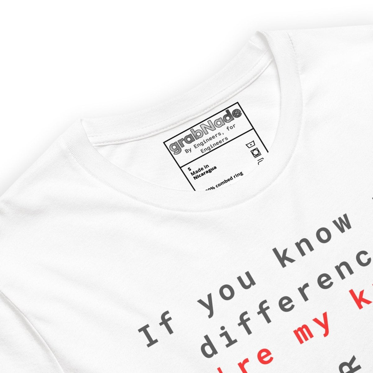 Close up of white t-shirt with Ra 3.2 vs Rz 16 roughness symbols and “If you know the difference” text. For STEM