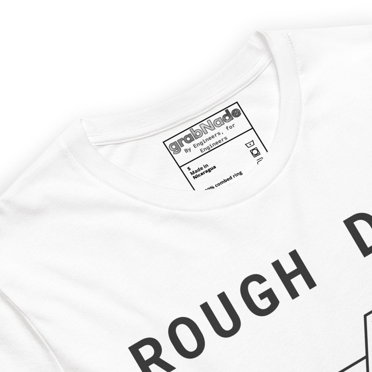 Close up of white t-shirt featuring "Rough Day" text and an Ra 12.5 rough machining surface finish symbol.