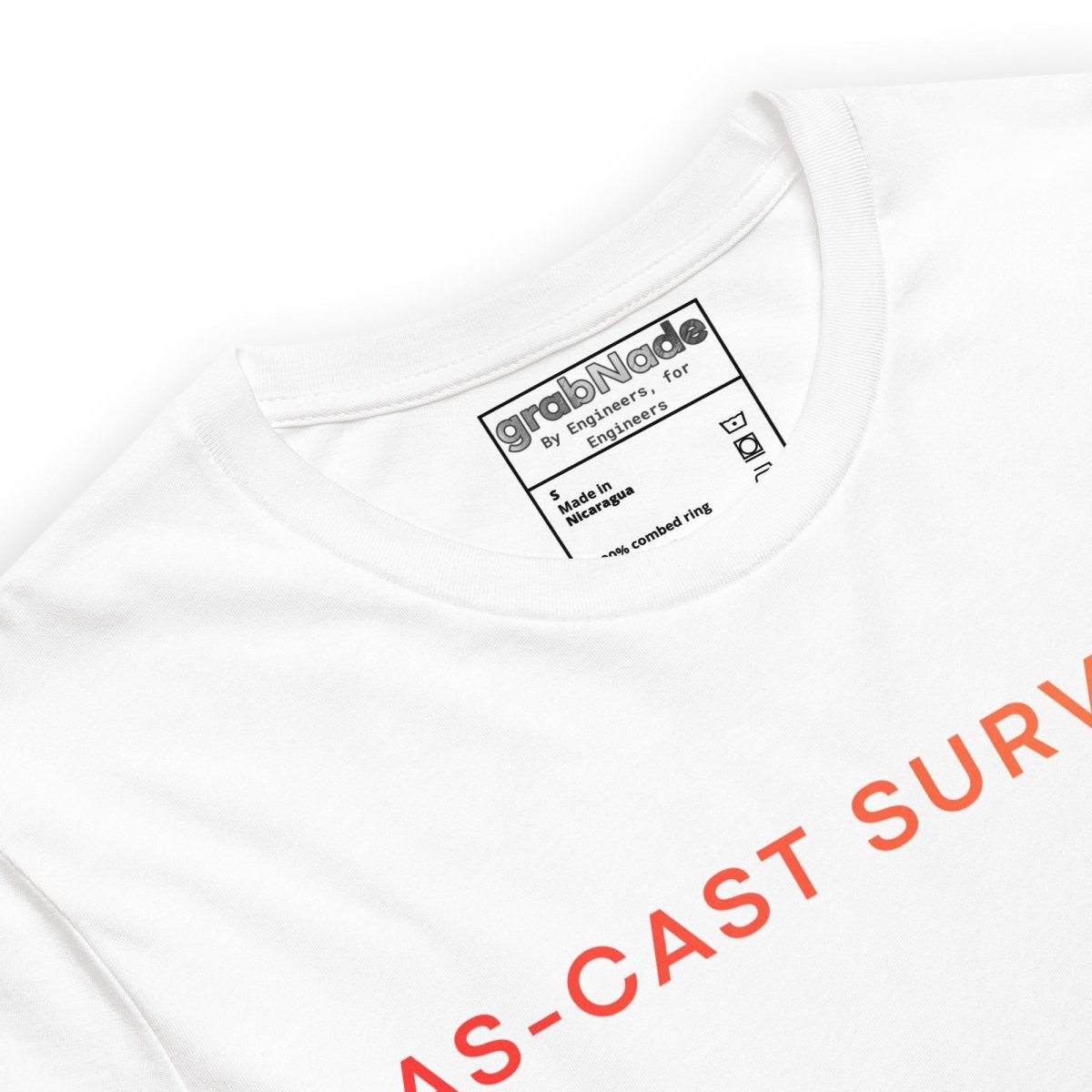 Close up of white t-shirt featuring "As-Cast Survivor" text and an Ra 50 surface roughness symbol for mechanical engineer.