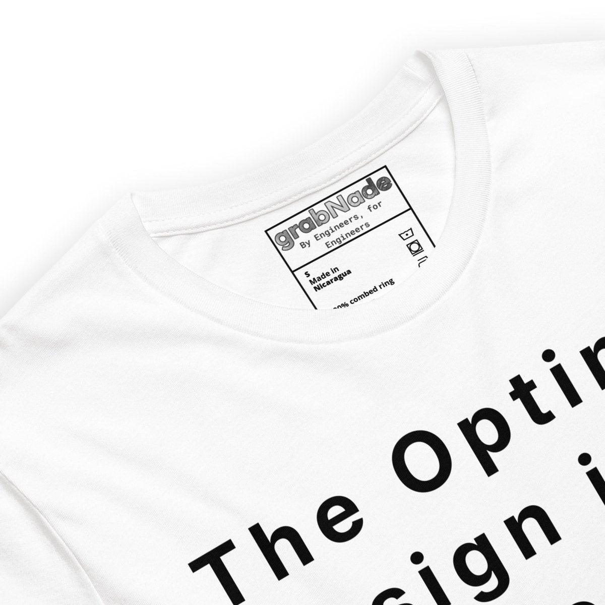 Close up of black t-shirt "Optimal Design is Simple" strikethrough to K.I.S.S. engineering graphic.