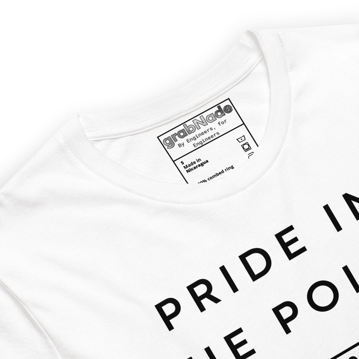 Close up of white t-shirt featuring an Ra 0.02 surface finish symbol on a flat line that turns into an ECG.