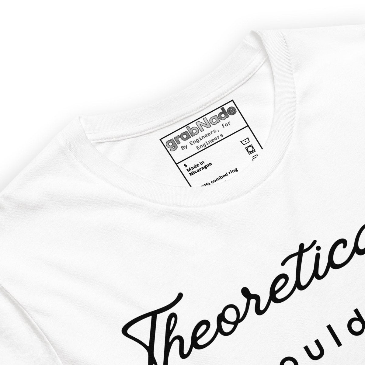 Close up of white t-shirt "Theoretically it should work" with crossed blueprint pen and knife graphic.