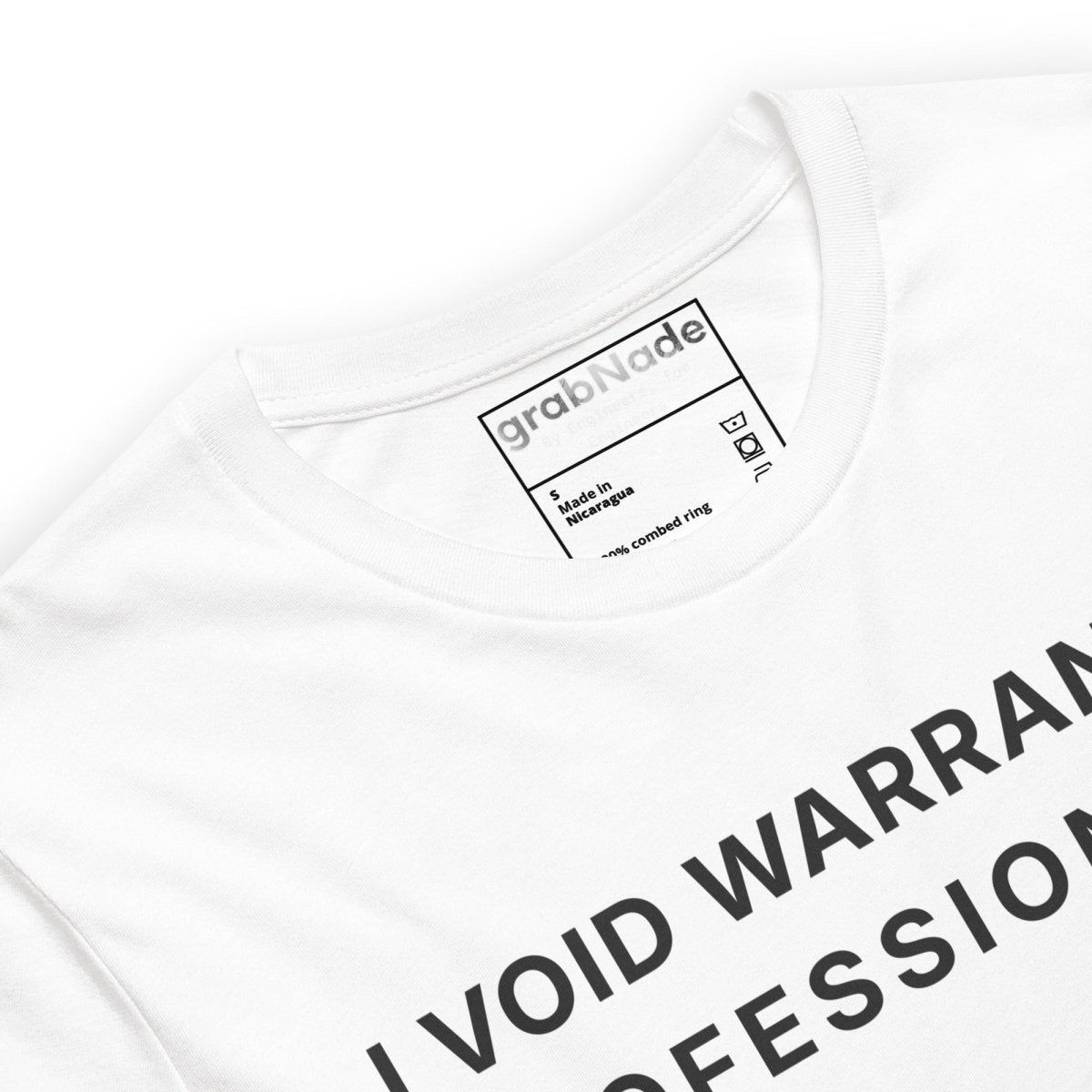Close up of white t-shirt featuring "I Void Warranties Professionally" text for R&D engineers.
