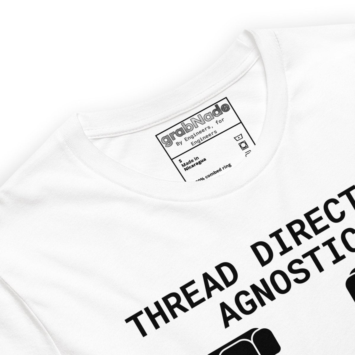 Close up of white t-shirt "Thread Direction Agnostic" M10x1.5 LH vs RH bolts same torque for mechanical engineers.