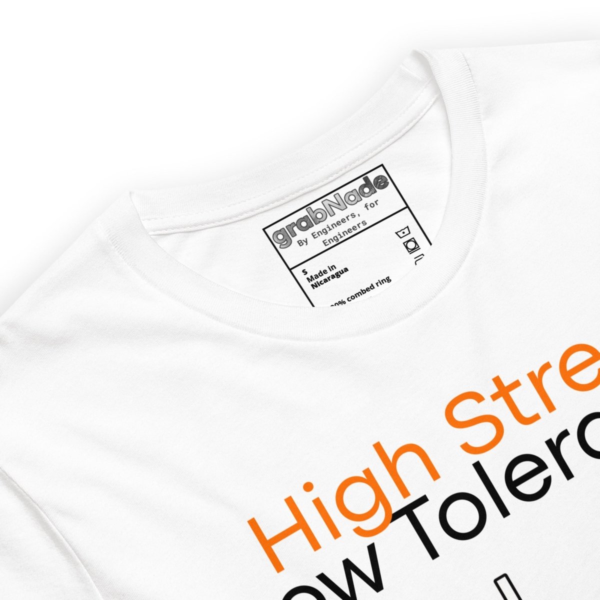 Close up of white t-shirt. High Stress Low Tolerance injection molding machine with 120 tons, ±0.00025", 235°C.