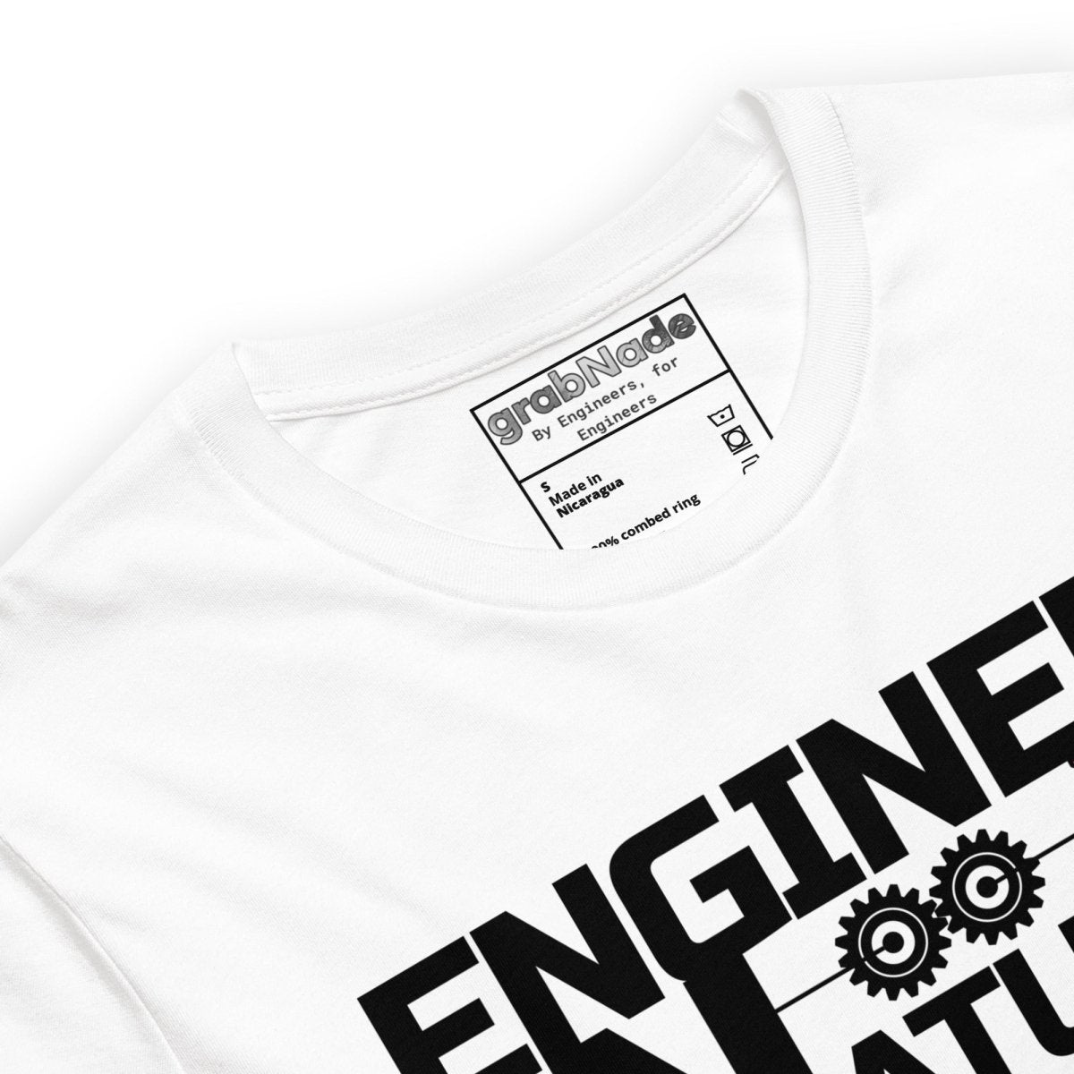 Close up of white t-shirt “Engineer by Nature” with two gears for mechanical engineers.