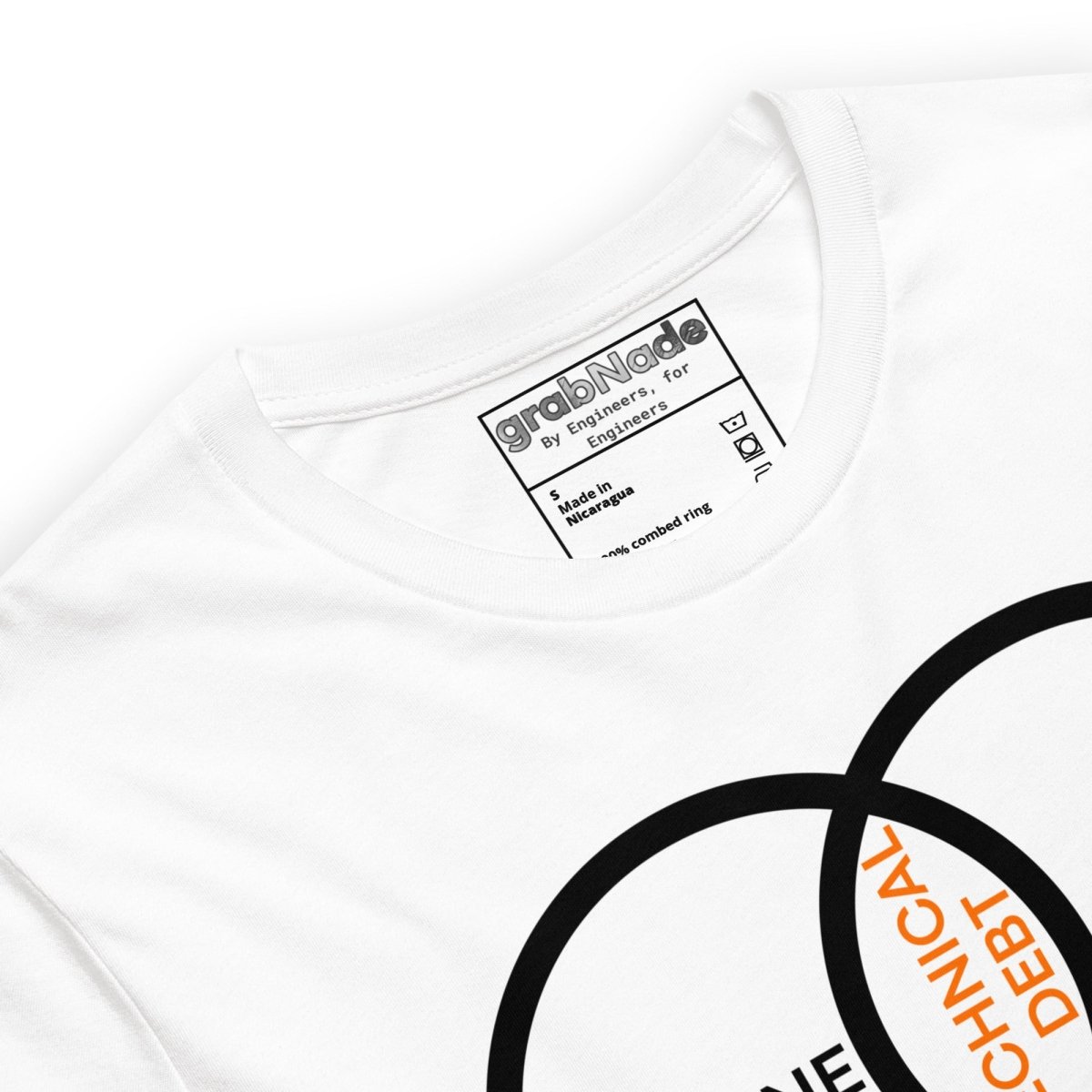 Close up of white tee featuring a project management Venn diagram about technical debt and physics.