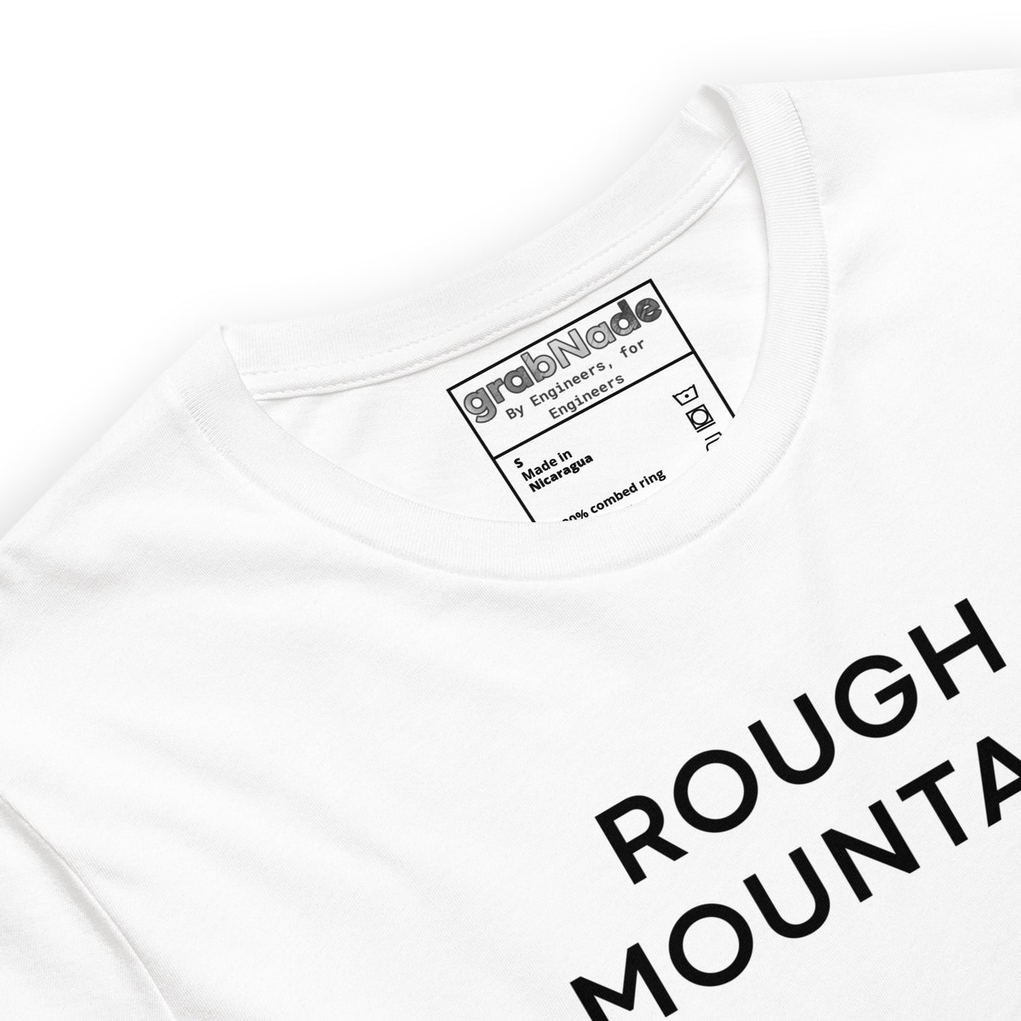 Close up of white tee featuring an Rz 300 surface profile mountain graphic and "Peak to Valley" text.