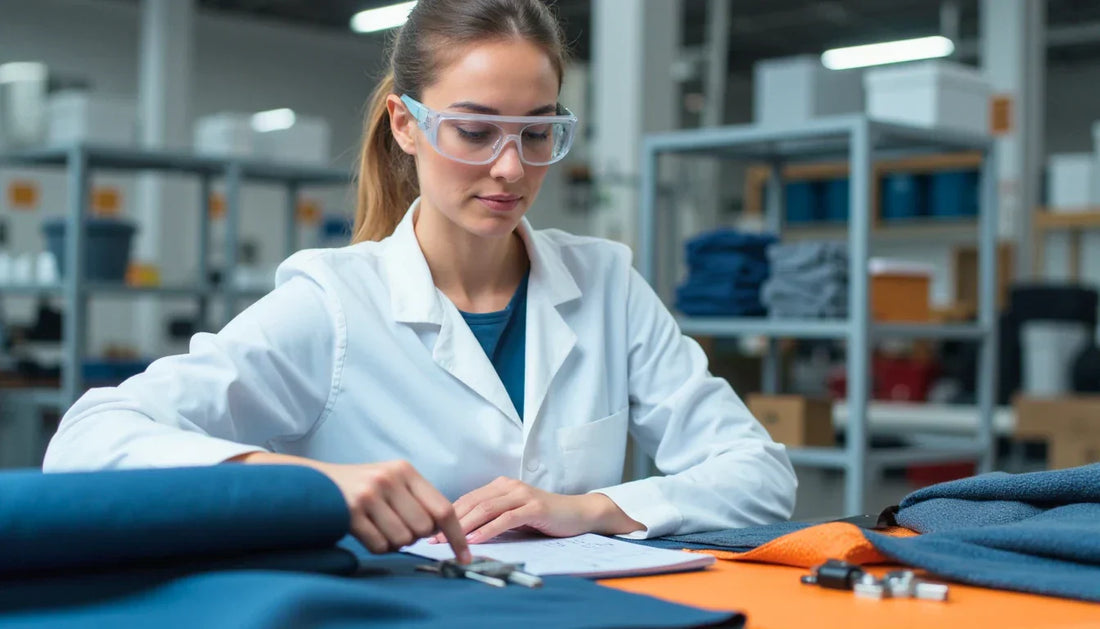 A woman with safety glasss in a clean laboratory, inspecting fabric