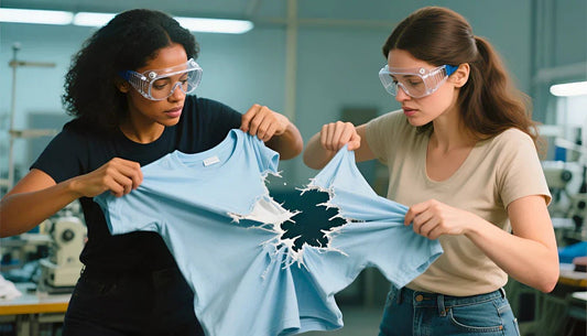 2 women with safety glasses are tearing apart a t-shirt