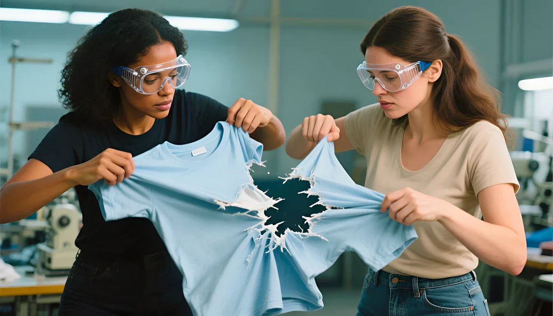 2 women with safety glasses are tearing apart a t-shirt