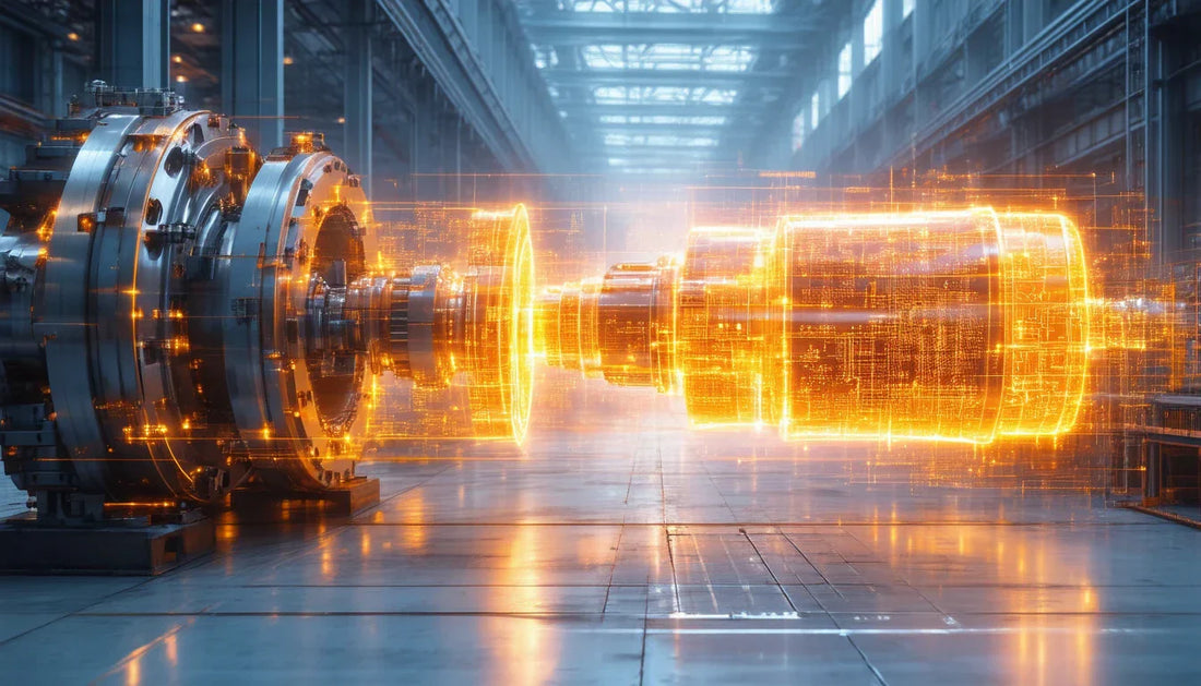 A conceptual industrial photography showing a massive, heavy-duty mechanical assembly. Hovering in front of the physical machine are glowing, holographic orange CAD blueprints and PLC logic code.