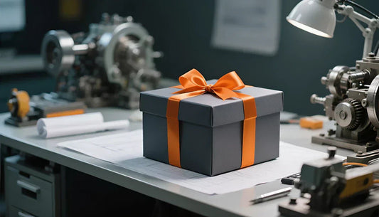 Dark grey gift box with orange ribbon, set on an mechanical engineer desk