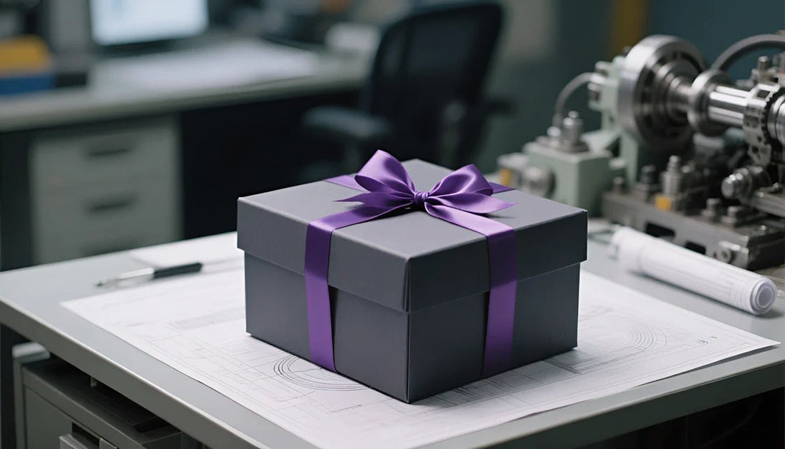 Dark grey gift box with violet ribbon, set on an mechanical engineer desk