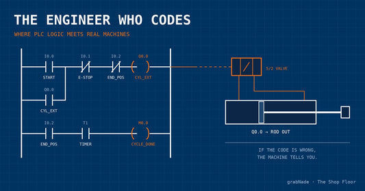 Ladder logic with start, E-stop and end-position contacts driving a 5/2 valve and a pneumatic cylinder