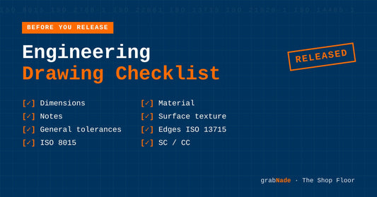 Engineering drawing checklist: dimensions, notes, general tolerances, ISO 8015, material, surface texture, edges, SC/CC