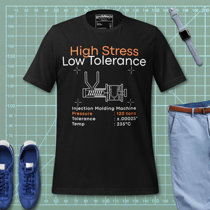 Black t-shirt. High Stress Low Tolerance injection molding machine with 120 tons, ±0.00025", 235°C.