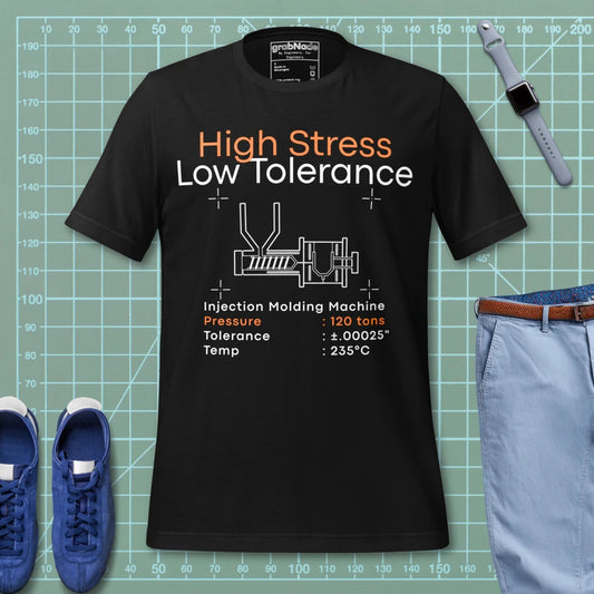 Black t-shirt. High Stress Low Tolerance injection molding machine with 120 tons, ±0.00025", 235°C.