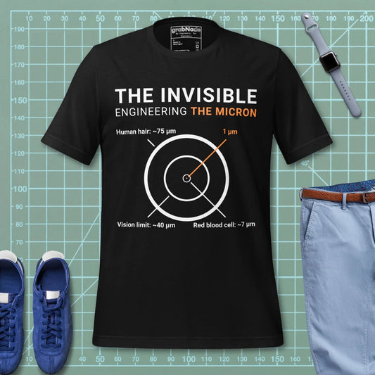 Black t-shirt "Engineering the Micron" scale graphic: hair 75µm to 1µm for eng & machinists.