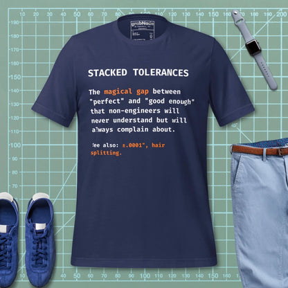 Navy t-shirt with "Stacked Tolerances magical gap perfect good enough" engineering definition.