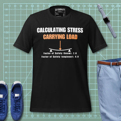 Black t-shirt “Calculating Stress Load” with an arrow and a bent beam for mechanics engineers.