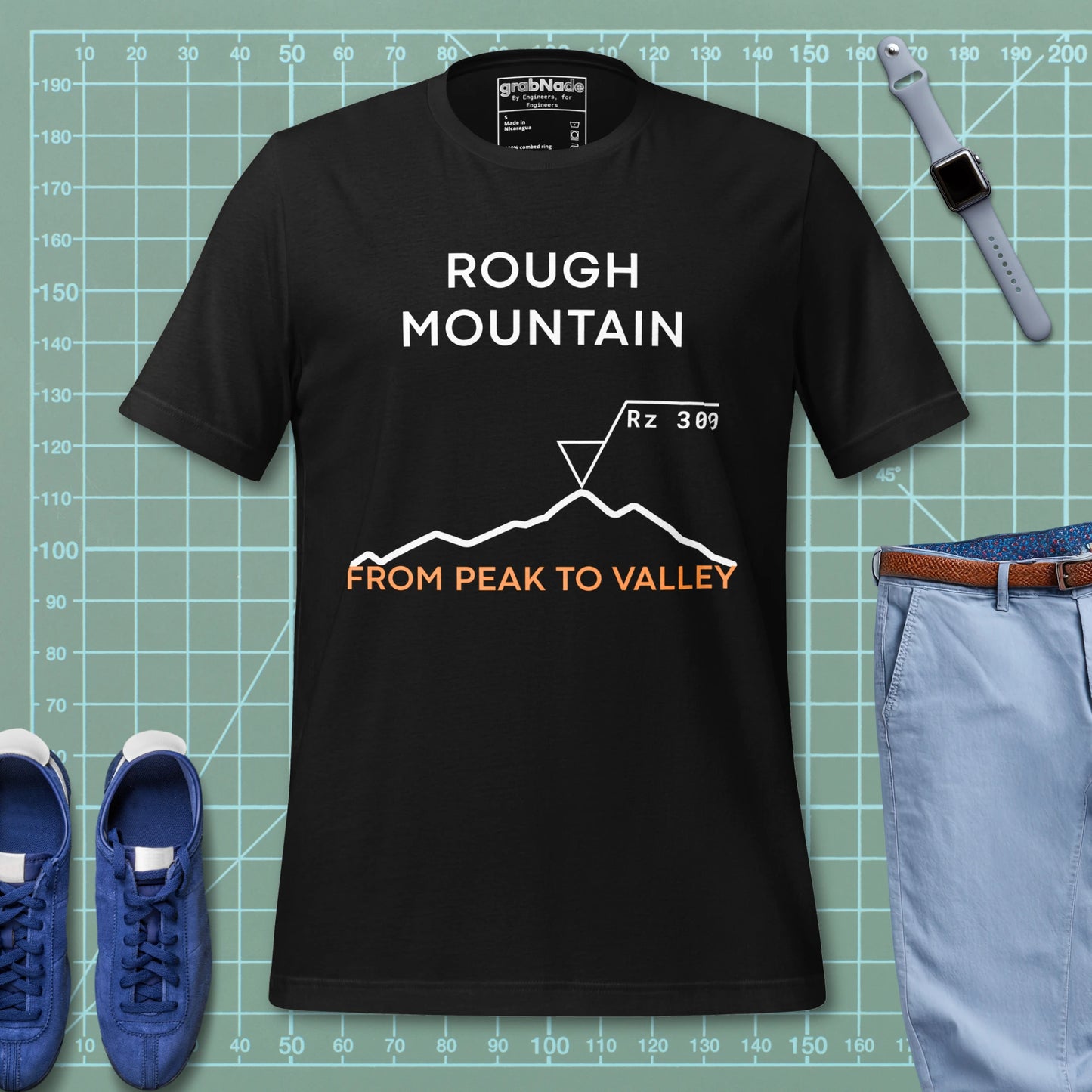 Black t-shirt featuring an Rz 300 surface profile mountain graphic and "Peak to Valley" text.