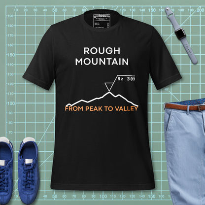 Black t-shirt featuring an Rz 300 surface profile mountain graphic and "Peak to Valley" text.