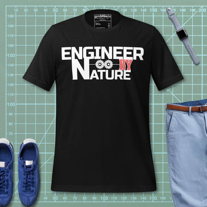 Black t-shirt “Engineer by Nature” with two gears for mechanical engineers.
