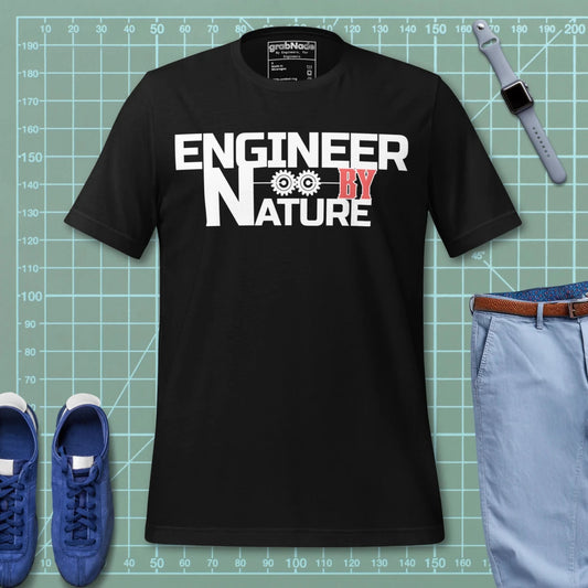 Black t-shirt “Engineer by Nature” with two gears for mechanical engineers.