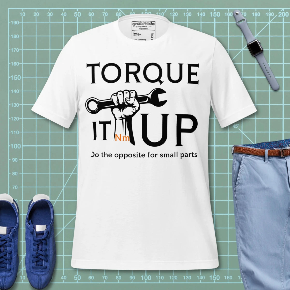 White t-shirt "TORQUE IT UP" with small screw overtighten vs big bolt undertighten warning.