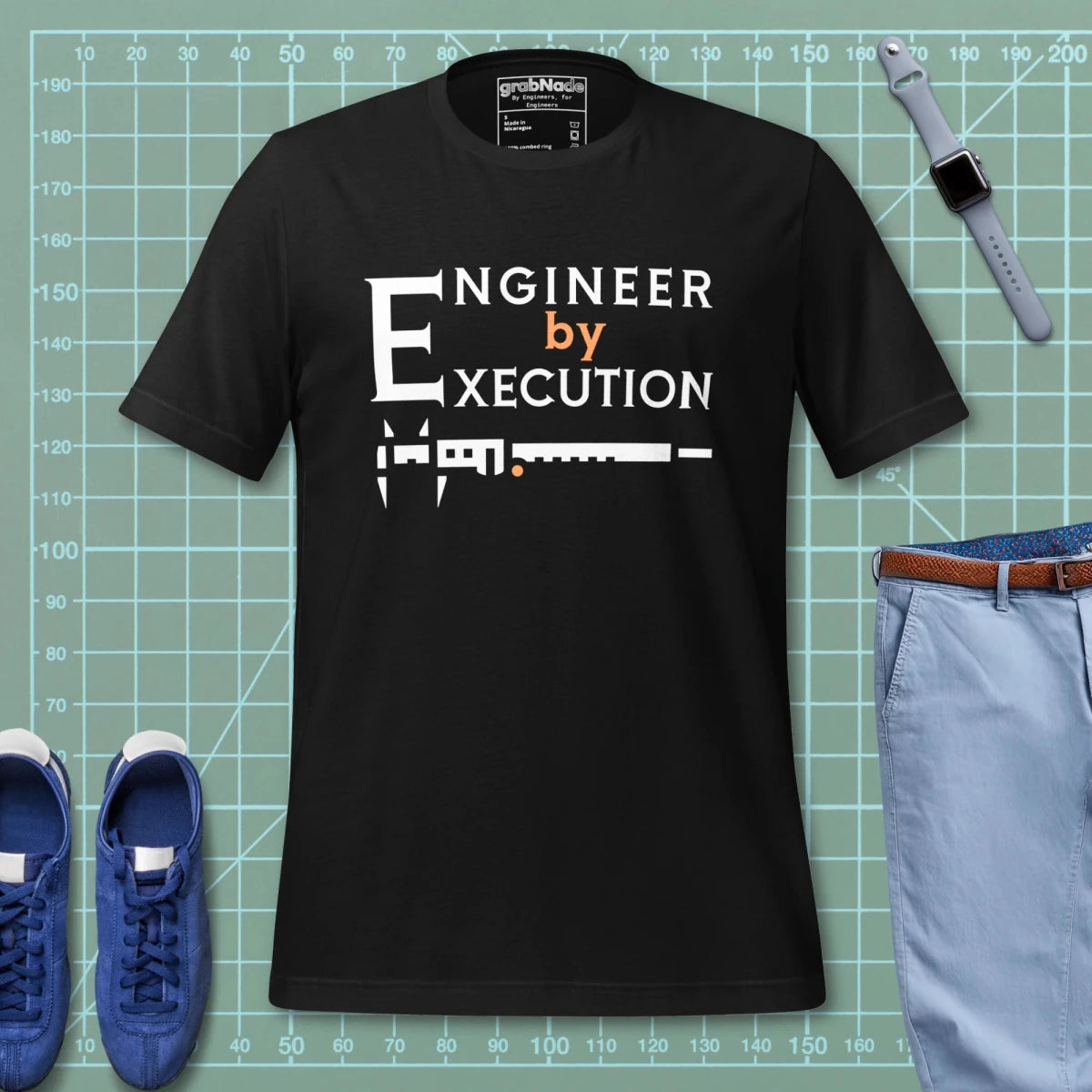 Black premium Combed ring-spun cotton t-shirt with “Engineer by Execution” text with a caliper.