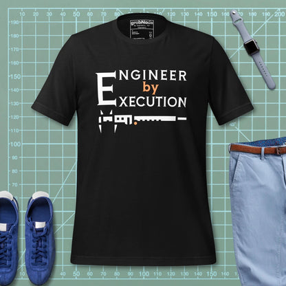 Black premium Combed ring-spun cotton t-shirt with “Engineer by Execution” text with a caliper.