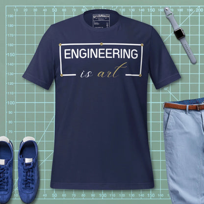 Navy minimalist t-shirt featuring "ENGINEERING IS ART" technical typography design.